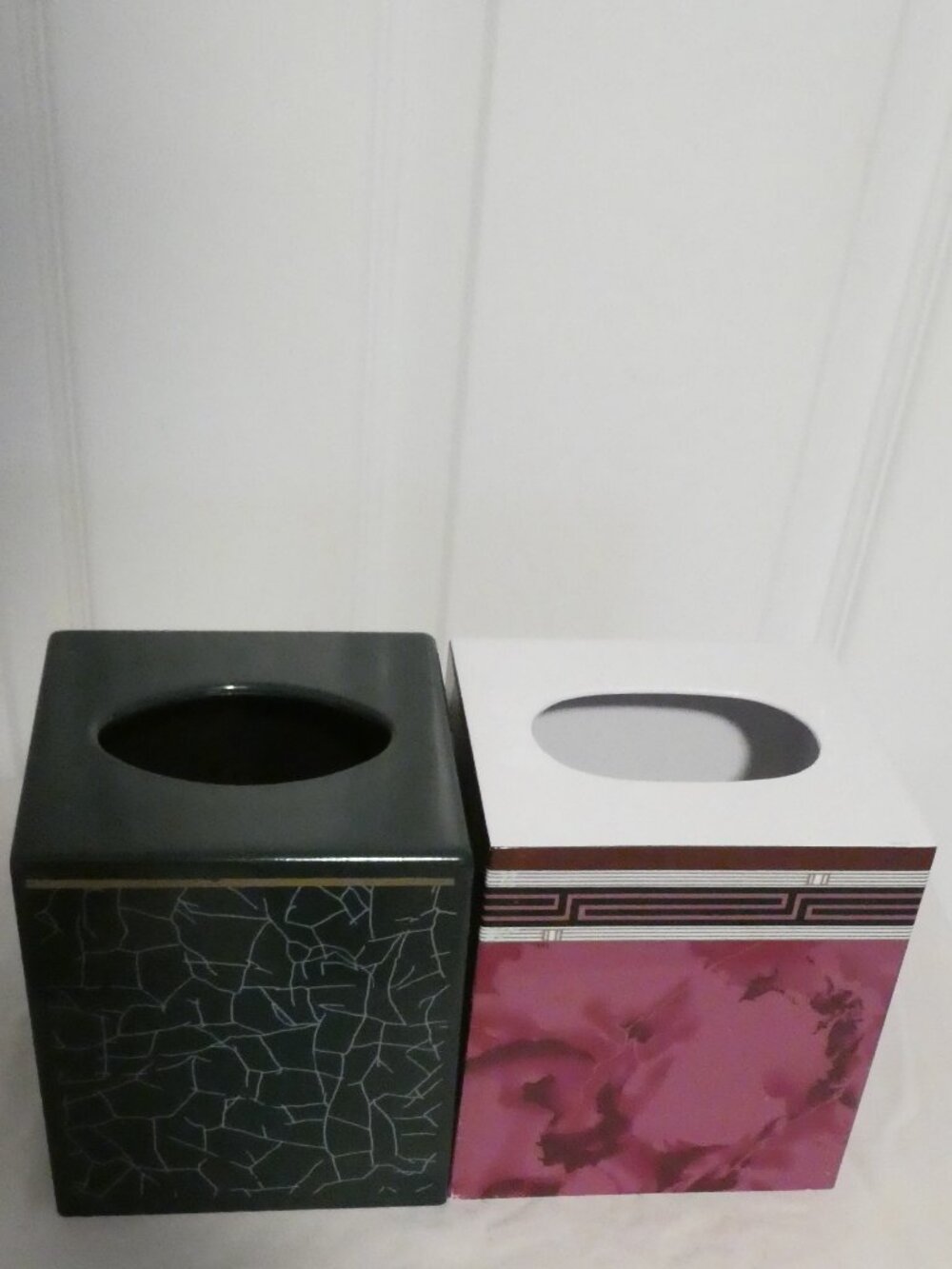 Vintage MCM Style Tissue Box Covers Set - Green Crackle and Pink Floral Covers
